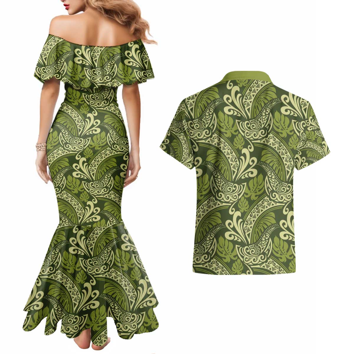 Olive Green Monstera Couples Matching Mermaid Dress and Hawaiian Shirt Polynesian Tribal Pattern - Polynesian Pride