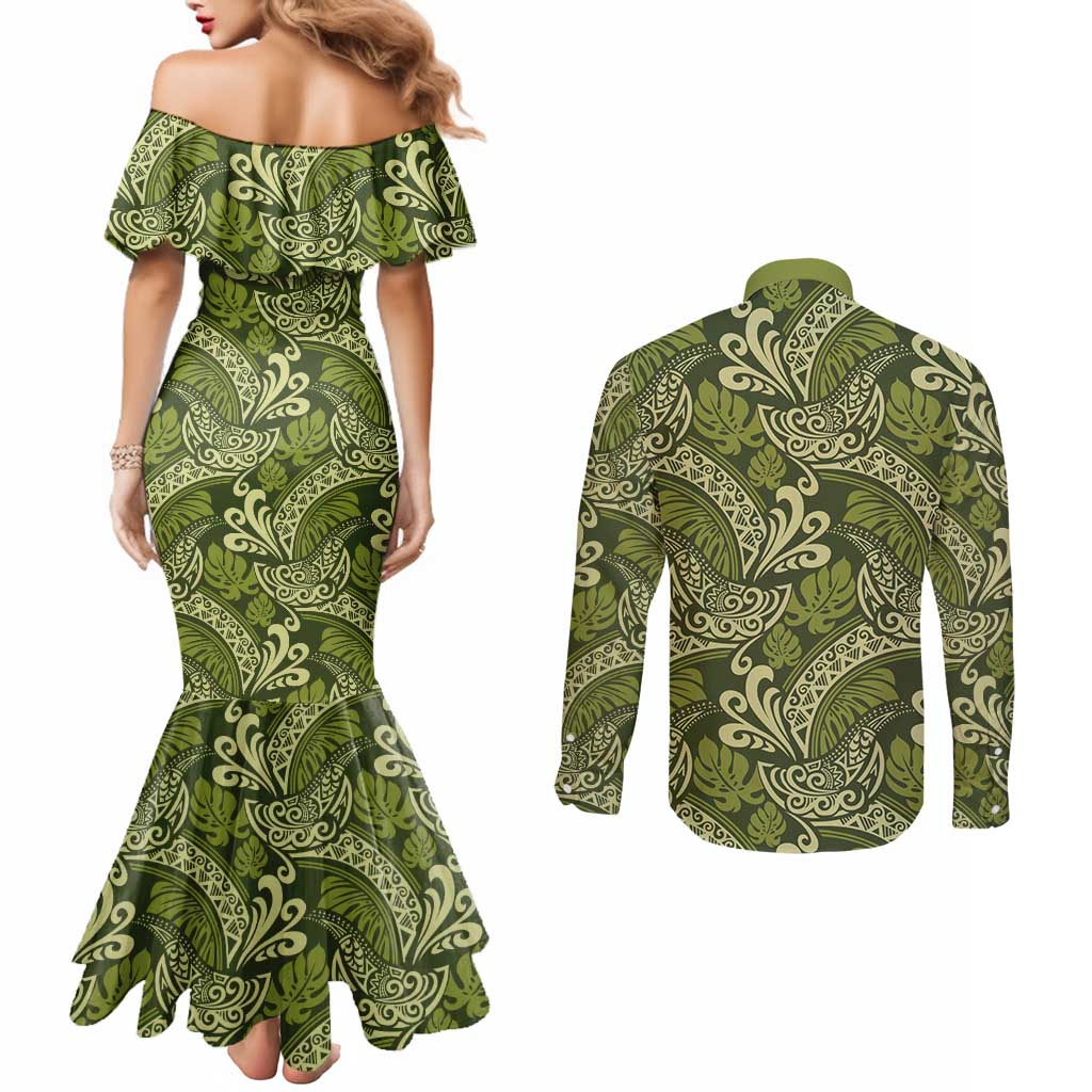 Olive Green Monstera Couples Matching Mermaid Dress and Long Sleeve Button Shirt Polynesian Tribal Pattern - Polynesian Pride