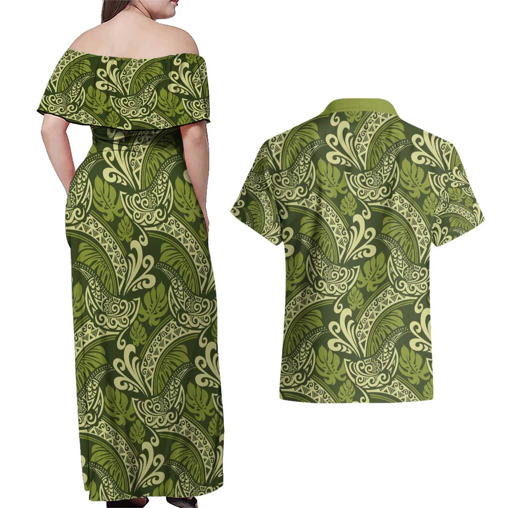 Olive Green Monstera Couples Matching Off Shoulder Maxi Dress and Hawaiian Shirt Polynesian Tribal Pattern - Polynesian Pride