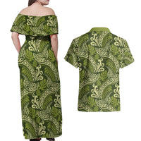 Olive Green Monstera Couples Matching Off Shoulder Maxi Dress and Hawaiian Shirt Polynesian Tribal Pattern - Polynesian Pride