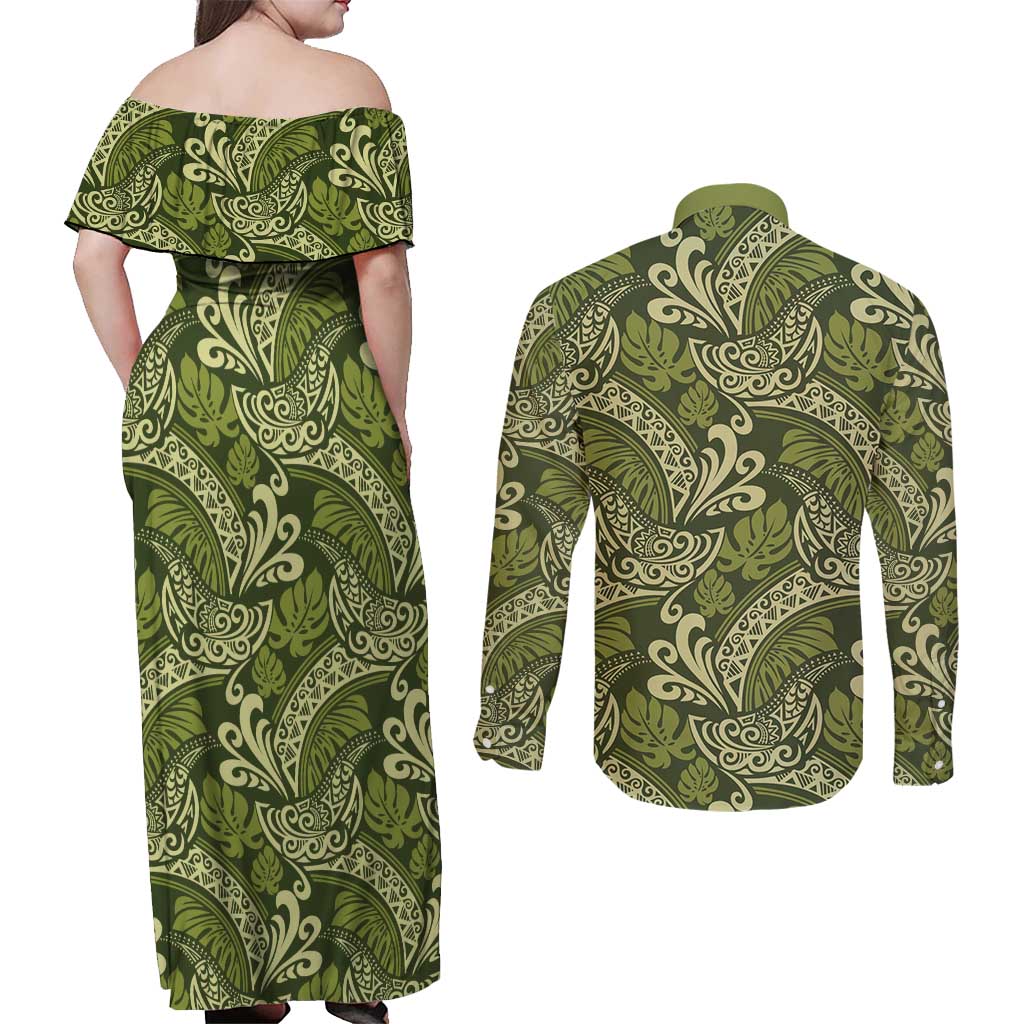 Olive Green Monstera Couples Matching Off Shoulder Maxi Dress and Long Sleeve Button Shirt Polynesian Tribal Pattern - Polynesian Pride