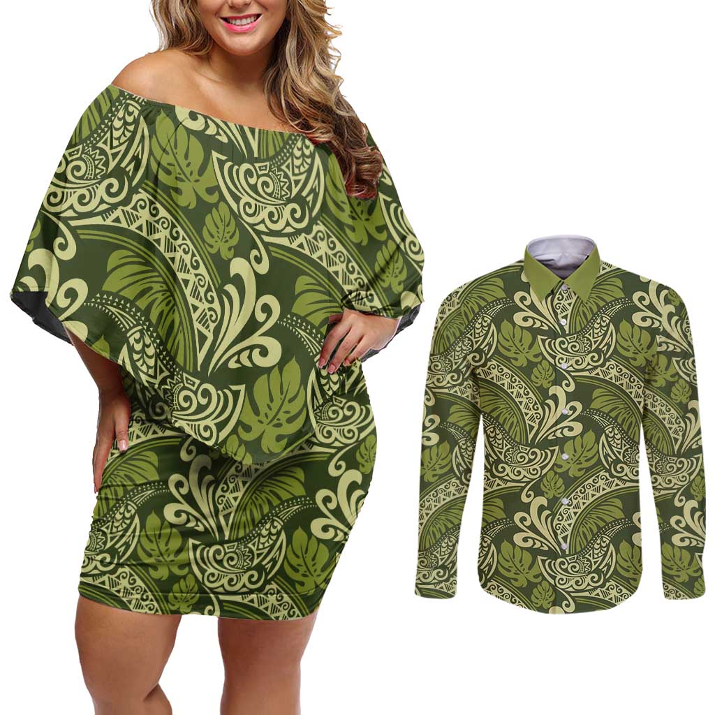 Olive Green Monstera Couples Matching Off Shoulder Short Dress and Long Sleeve Button Shirt Polynesian Tribal Pattern LT01 Green - Polynesian Pride