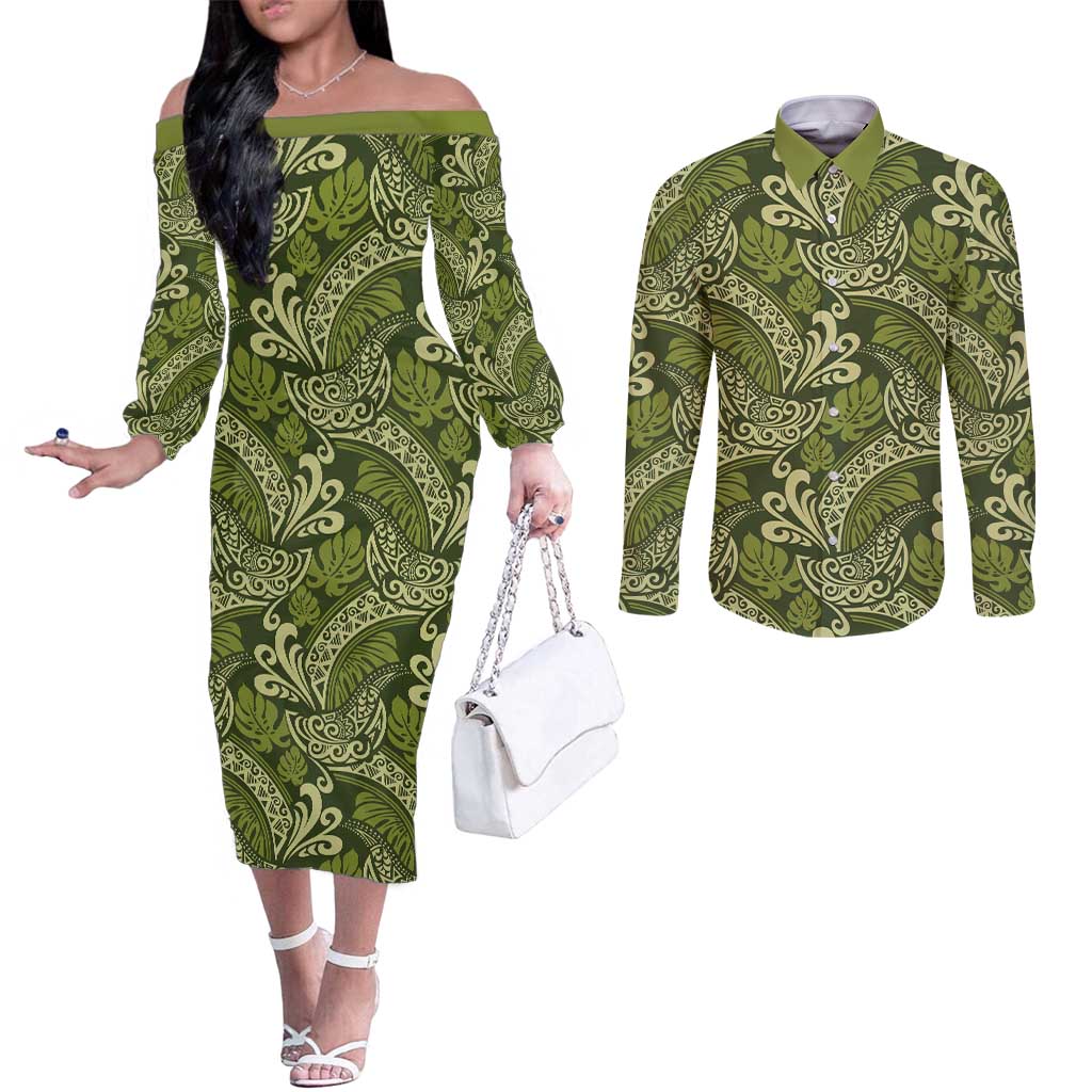 Olive Green Monstera Couples Matching Off The Shoulder Long Sleeve Dress and Long Sleeve Button Shirt Polynesian Tribal Pattern - Polynesian Pride