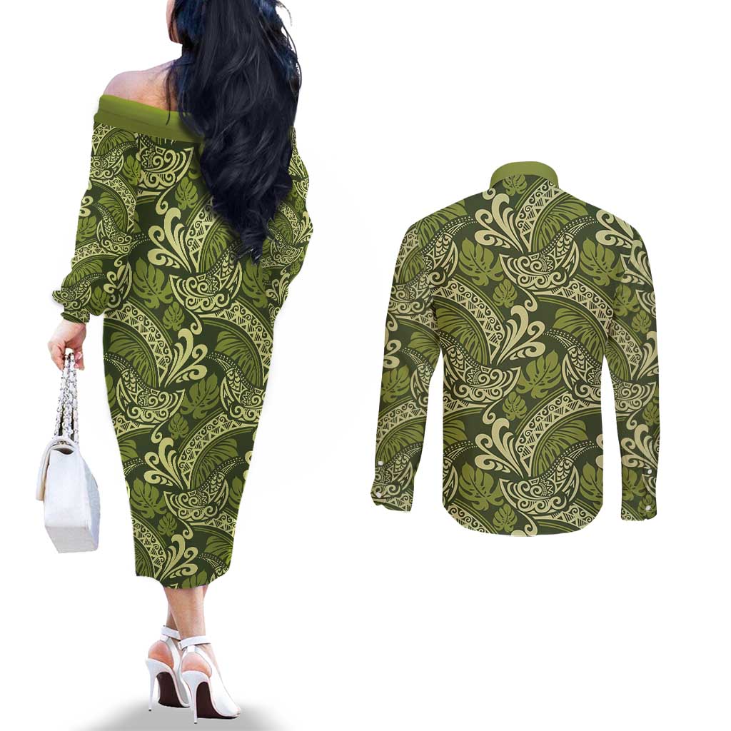Olive Green Monstera Couples Matching Off The Shoulder Long Sleeve Dress and Long Sleeve Button Shirt Polynesian Tribal Pattern - Polynesian Pride