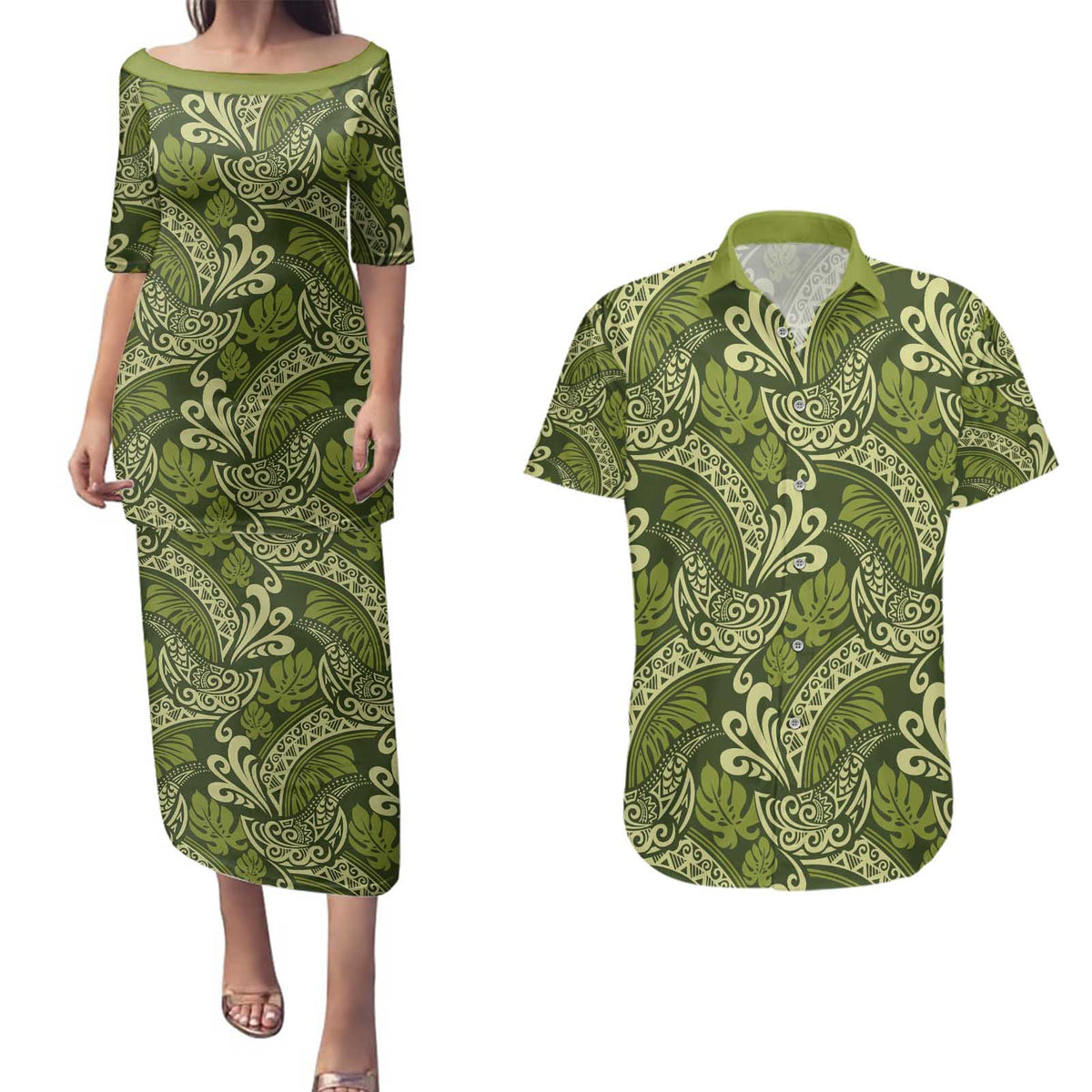 Olive Green Monstera Couples Matching Puletasi and Hawaiian Shirt Polynesian Tribal Pattern - Polynesian Pride
