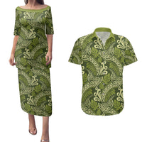 Olive Green Monstera Couples Matching Puletasi and Hawaiian Shirt Polynesian Tribal Pattern - Polynesian Pride