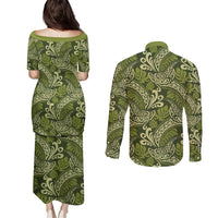 Olive Green Monstera Couples Matching Puletasi and Long Sleeve Button Shirt Polynesian Tribal Pattern - Polynesian Pride