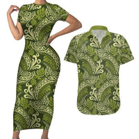Olive Green Monstera Couples Matching Short Sleeve Bodycon Dress and Hawaiian Shirt Polynesian Tribal Pattern - Polynesian Pride