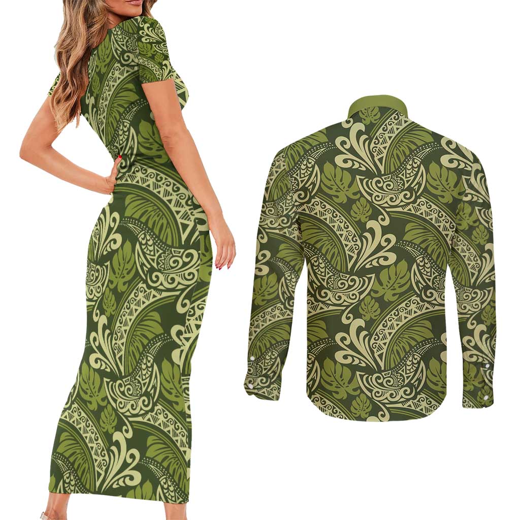 Olive Green Monstera Couples Matching Short Sleeve Bodycon Dress and Long Sleeve Button Shirt Polynesian Tribal Pattern - Polynesian Pride