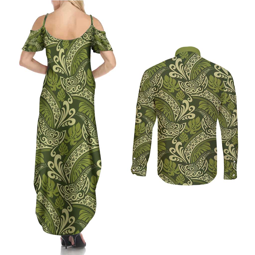 Olive Green Monstera Couples Matching Summer Maxi Dress and Long Sleeve Button Shirt Polynesian Tribal Pattern - Polynesian Pride