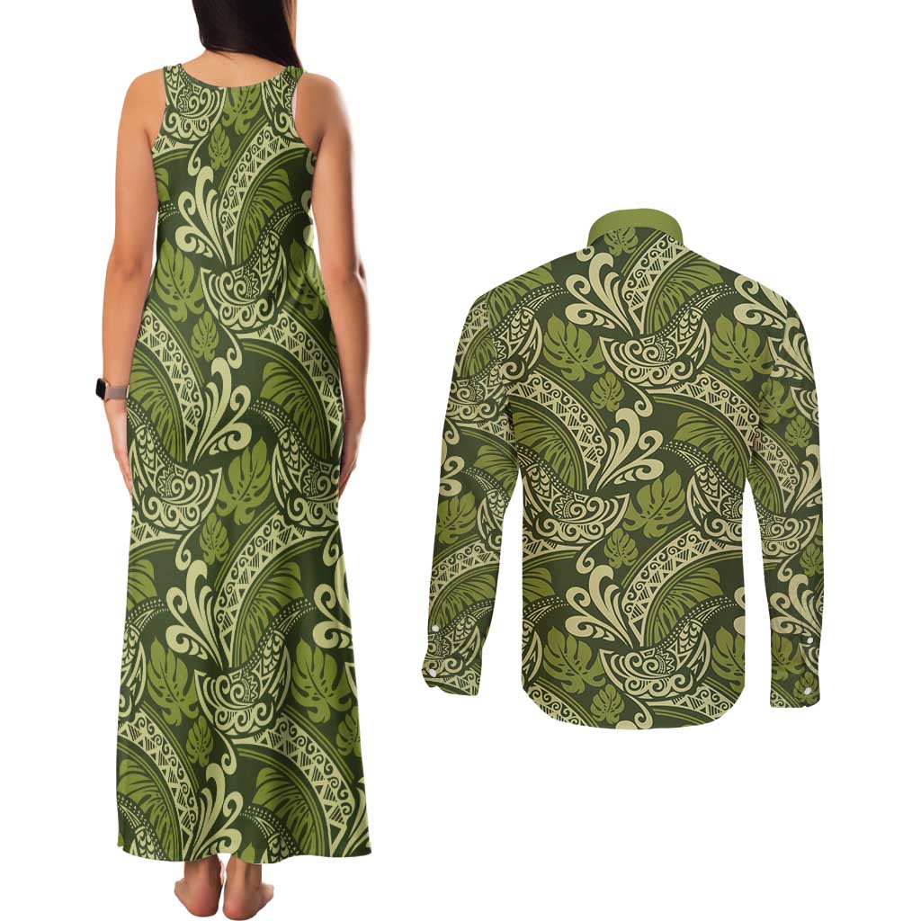 Olive Green Monstera Couples Matching Tank Maxi Dress and Long Sleeve Button Shirt Polynesian Tribal Pattern - Polynesian Pride