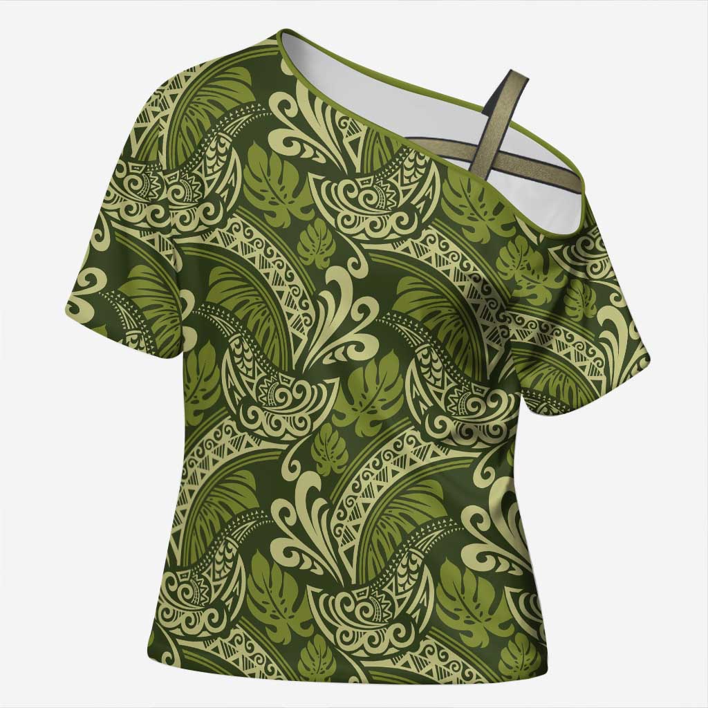 Olive Green Monstera Cross Shoulder Shirt Polynesian Tribal Pattern LT01 Female Green - Polynesian Pride