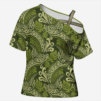 Olive Green Monstera Cross Shoulder Shirt Polynesian Tribal Pattern - Polynesian Pride