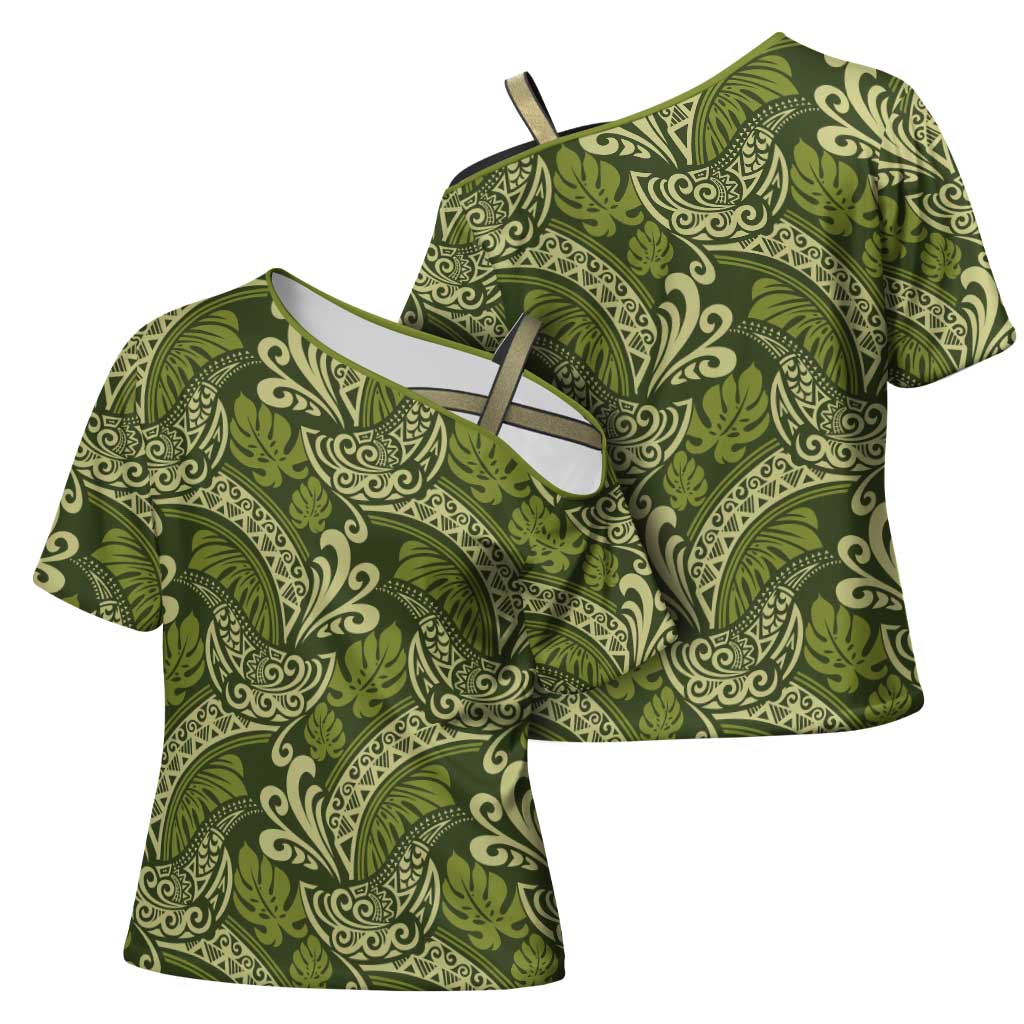 Olive Green Monstera Cross Shoulder Shirt Polynesian Tribal Pattern - Polynesian Pride