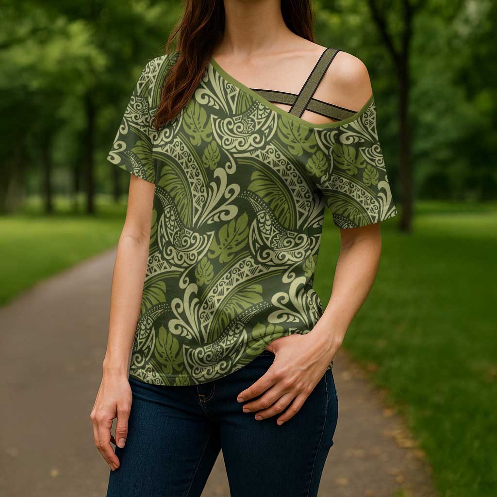 Olive Green Monstera Cross Shoulder Shirt Polynesian Tribal Pattern - Polynesian Pride