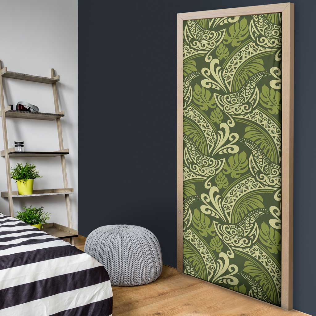 Olive Green Monstera Door Cover Polynesian Tribal Pattern - Polynesian Pride