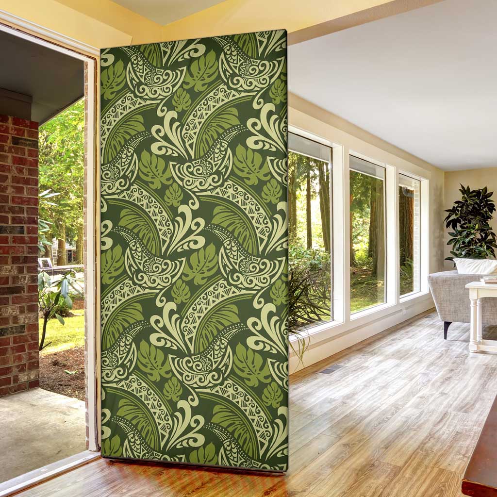 Olive Green Monstera Door Cover Polynesian Tribal Pattern - Polynesian Pride