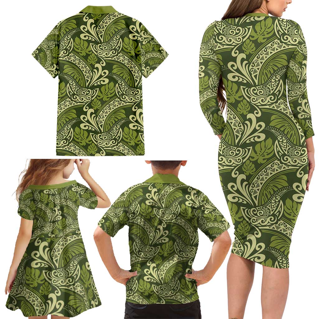 Olive Green Monstera Family Matching Long Sleeve Bodycon Dress and Hawaiian Shirt Polynesian Tribal Pattern - Polynesian Pride