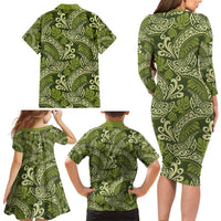 Olive Green Monstera Family Matching Long Sleeve Bodycon Dress and Hawaiian Shirt Polynesian Tribal Pattern - Polynesian Pride
