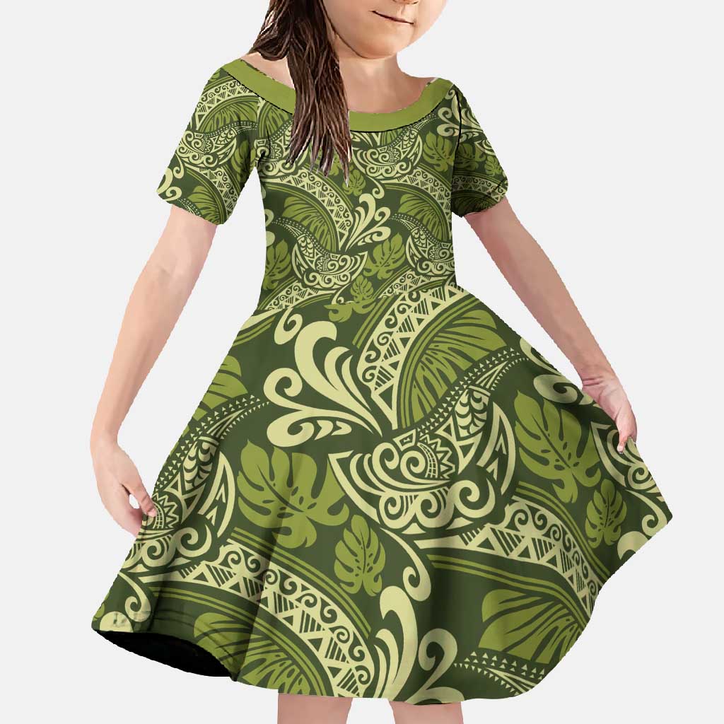 Olive Green Monstera Family Matching Mermaid Dress and Hawaiian Shirt Polynesian Tribal Pattern - Polynesian Pride