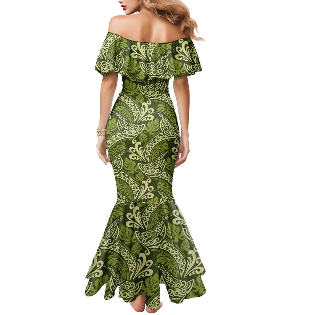 Olive Green Monstera Family Matching Mermaid Dress and Hawaiian Shirt Polynesian Tribal Pattern - Polynesian Pride