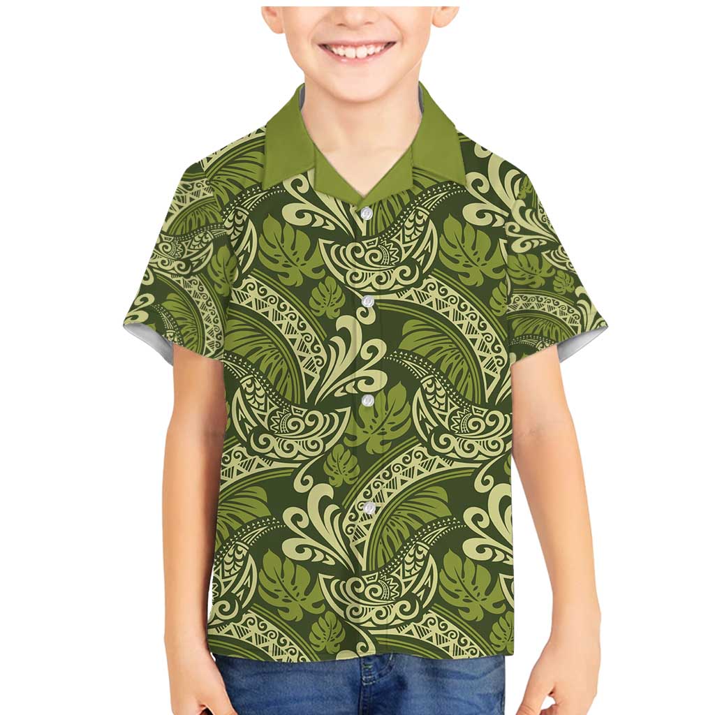 Olive Green Monstera Family Matching Mermaid Dress and Hawaiian Shirt Polynesian Tribal Pattern - Polynesian Pride