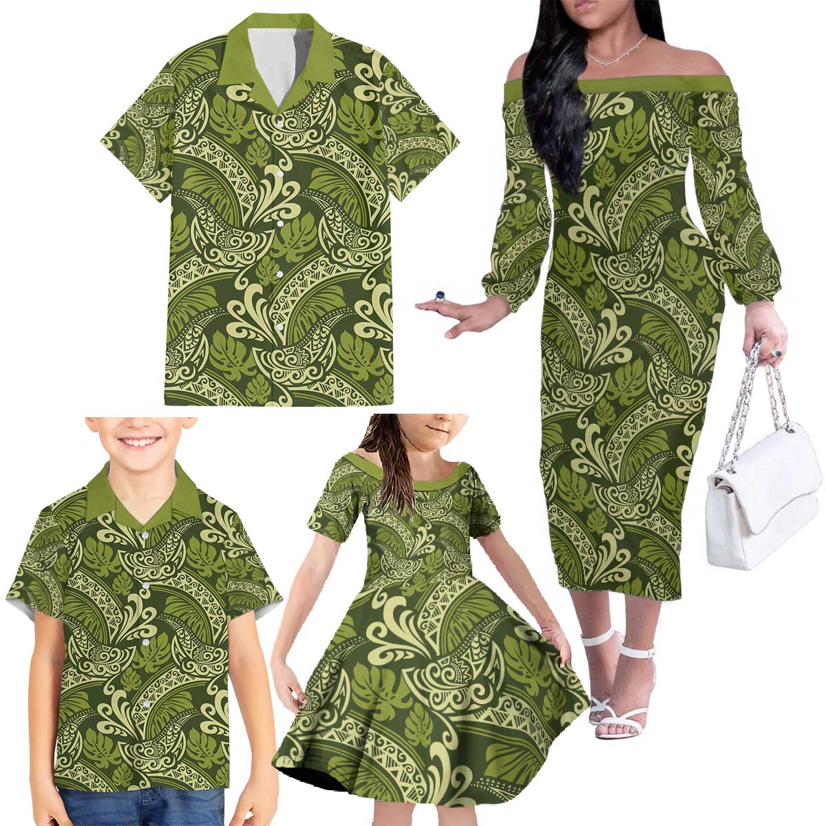 Olive Green Monstera Family Matching Off The Shoulder Long Sleeve Dress and Hawaiian Shirt Polynesian Tribal Pattern - Polynesian Pride