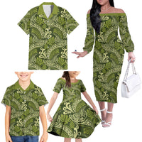 Olive Green Monstera Family Matching Off The Shoulder Long Sleeve Dress and Hawaiian Shirt Polynesian Tribal Pattern - Polynesian Pride