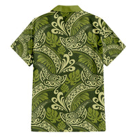 Olive Green Monstera Family Matching Off The Shoulder Long Sleeve Dress and Hawaiian Shirt Polynesian Tribal Pattern - Polynesian Pride