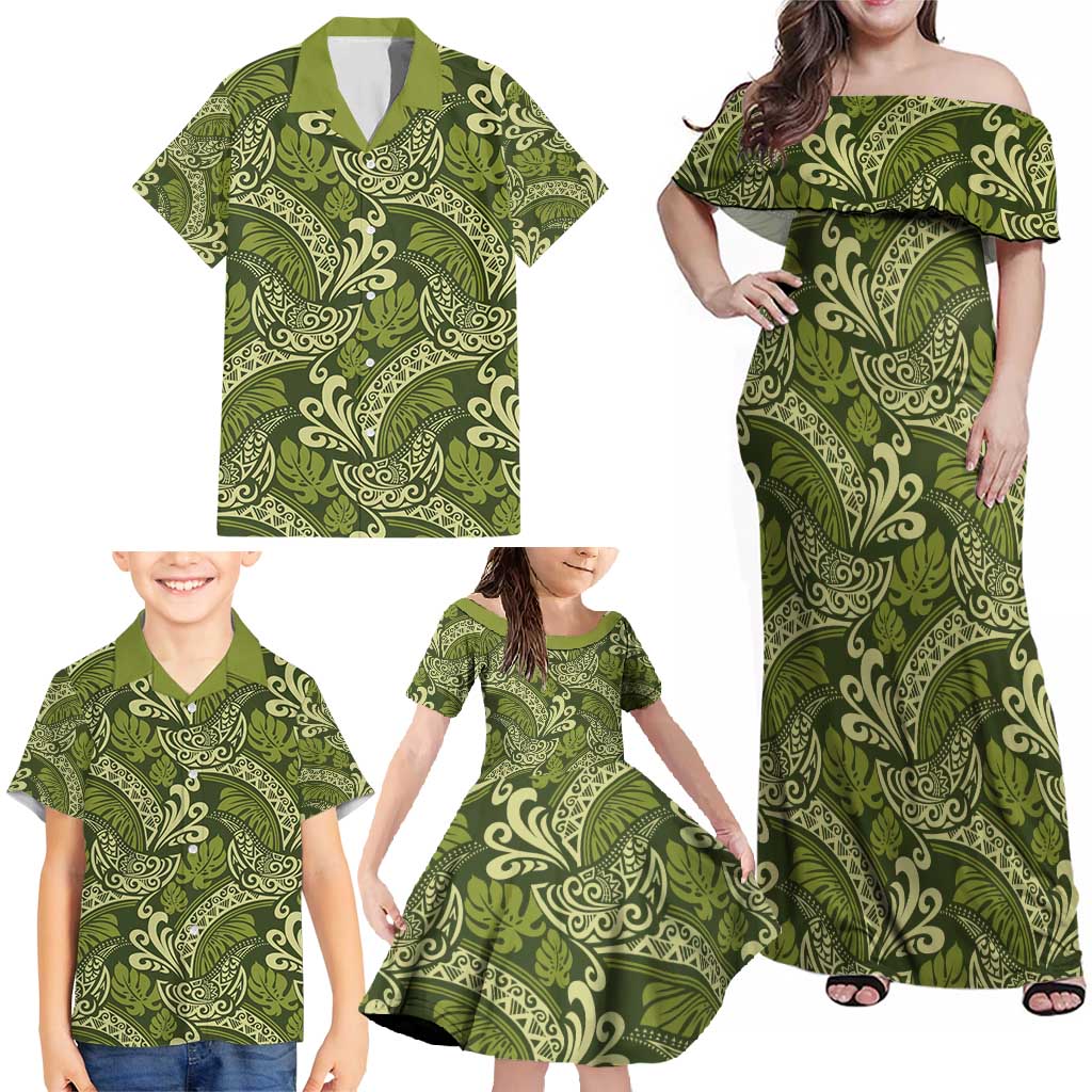Olive Green Monstera Family Matching Off Shoulder Maxi Dress and Hawaiian Shirt Polynesian Tribal Pattern LT01 - Polynesian Pride