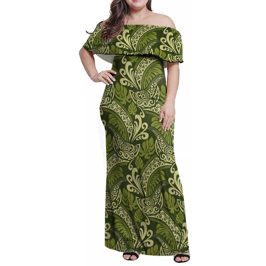 Olive Green Monstera Family Matching Off Shoulder Maxi Dress and Hawaiian Shirt Polynesian Tribal Pattern - Polynesian Pride