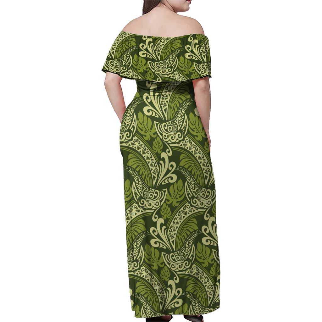 Olive Green Monstera Family Matching Off Shoulder Maxi Dress and Hawaiian Shirt Polynesian Tribal Pattern - Polynesian Pride