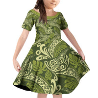 Olive Green Monstera Family Matching Off Shoulder Short Dress and Hawaiian Shirt Polynesian Tribal Pattern - Polynesian Pride