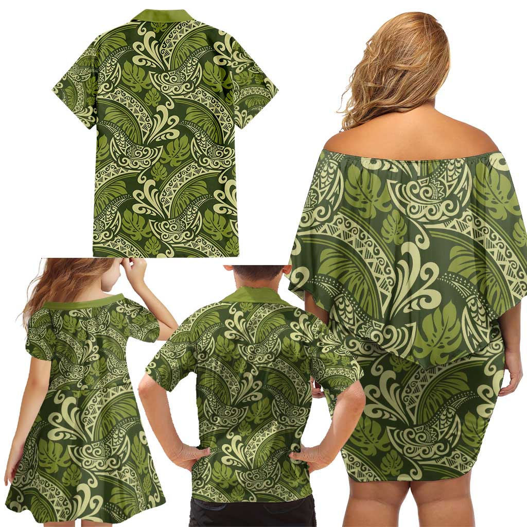 Olive Green Monstera Family Matching Off Shoulder Short Dress and Hawaiian Shirt Polynesian Tribal Pattern - Polynesian Pride