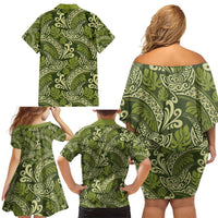 Olive Green Monstera Family Matching Off Shoulder Short Dress and Hawaiian Shirt Polynesian Tribal Pattern - Polynesian Pride