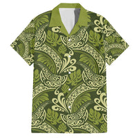 Olive Green Monstera Family Matching Off Shoulder Short Dress and Hawaiian Shirt Polynesian Tribal Pattern - Polynesian Pride