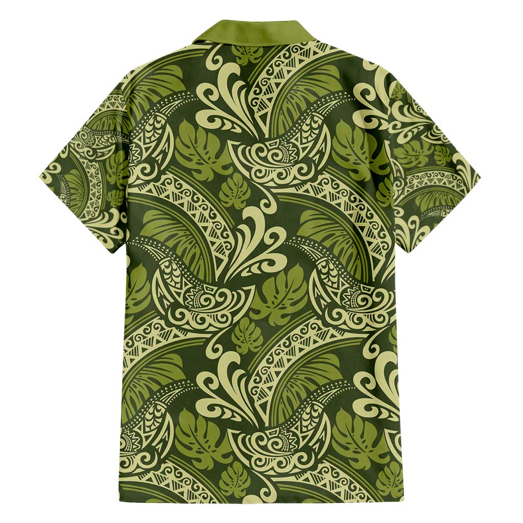 Olive Green Monstera Family Matching Off Shoulder Short Dress and Hawaiian Shirt Polynesian Tribal Pattern - Polynesian Pride