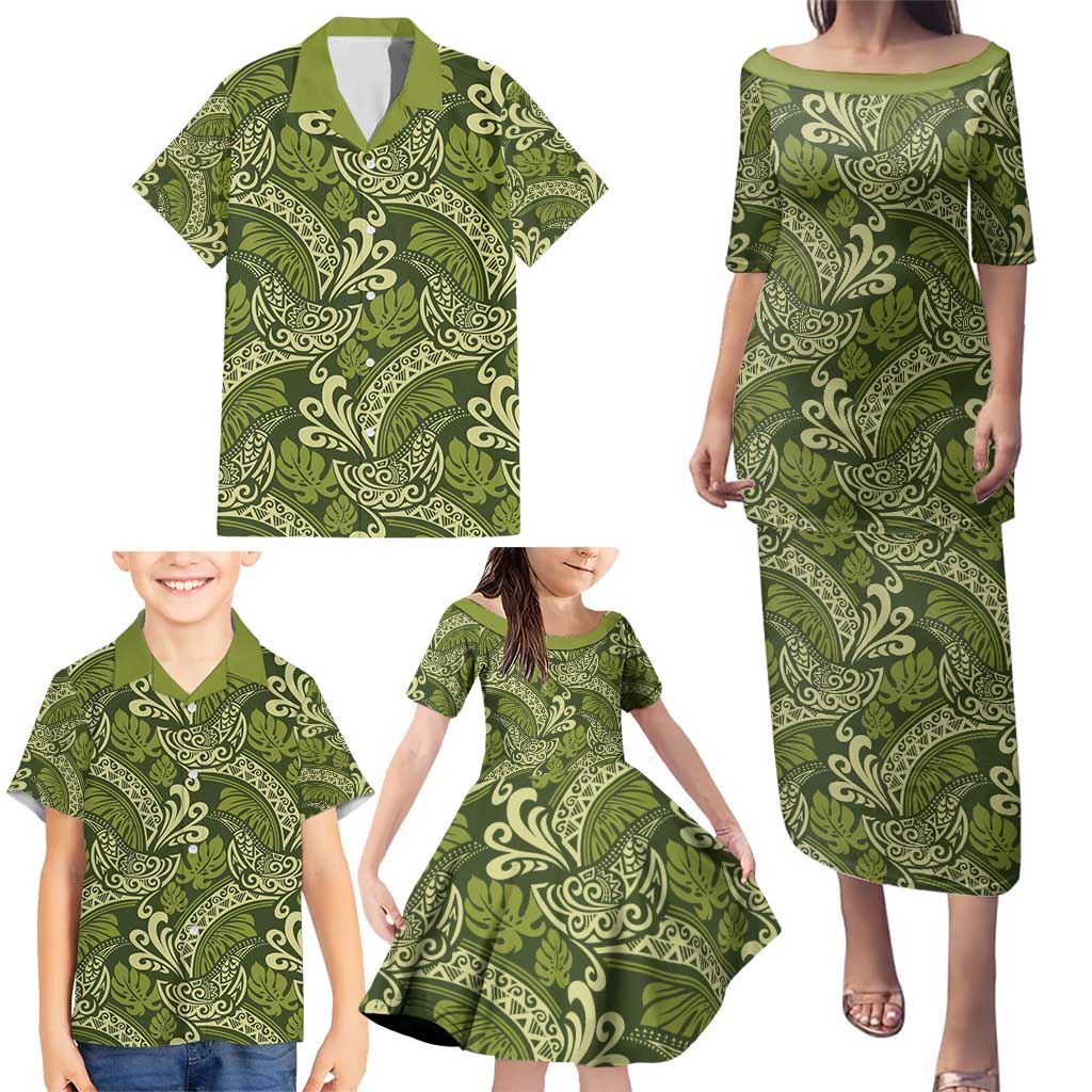 Olive Green Monstera Family Matching Puletasi and Hawaiian Shirt Polynesian Tribal Pattern - Polynesian Pride