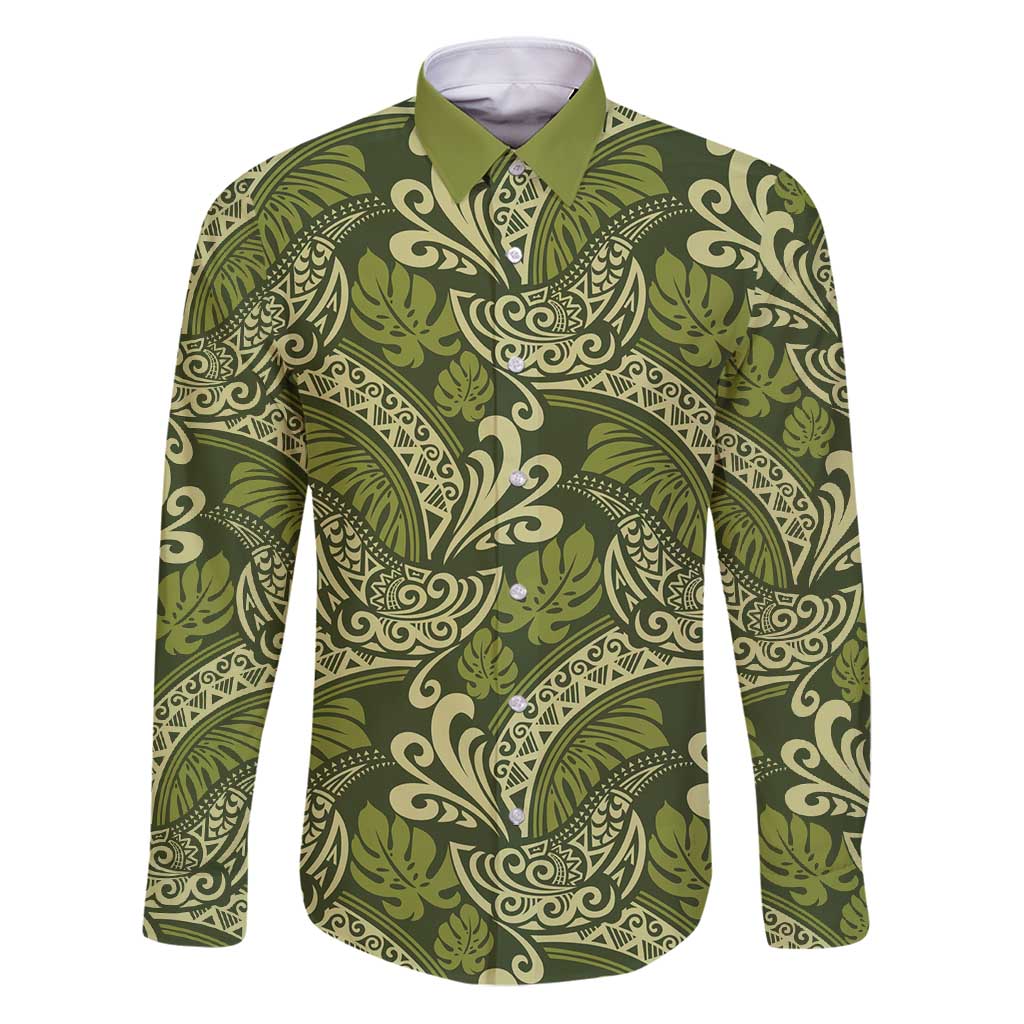 Olive Green Monstera Family Matching Puletasi and Hawaiian Shirt Polynesian Tribal Pattern - Polynesian Pride
