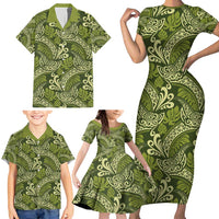 Olive Green Monstera Family Matching Short Sleeve Bodycon Dress and Hawaiian Shirt Polynesian Tribal Pattern - Polynesian Pride
