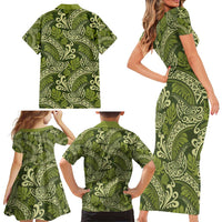 Olive Green Monstera Family Matching Short Sleeve Bodycon Dress and Hawaiian Shirt Polynesian Tribal Pattern - Polynesian Pride
