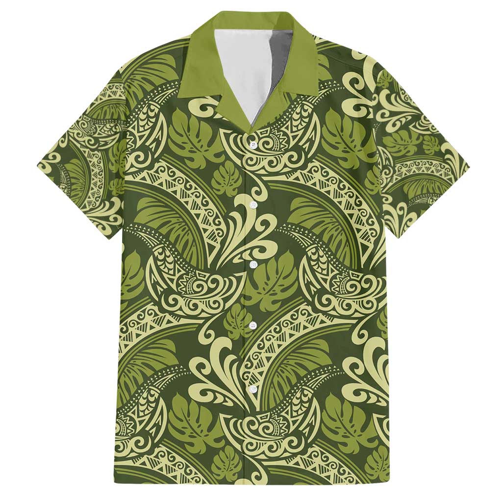 Olive Green Monstera Family Matching Short Sleeve Bodycon Dress and Hawaiian Shirt Polynesian Tribal Pattern - Polynesian Pride