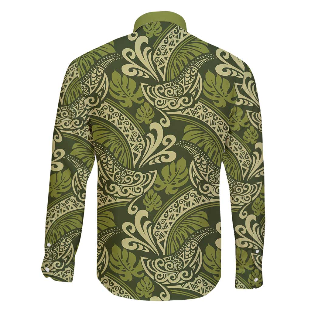 Olive Green Monstera Family Matching Short Sleeve Bodycon Dress and Hawaiian Shirt Polynesian Tribal Pattern - Polynesian Pride