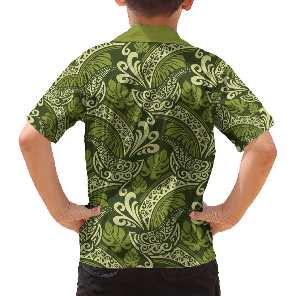 Olive Green Monstera Family Matching Summer Maxi Dress and Hawaiian Shirt Polynesian Tribal Pattern - Polynesian Pride