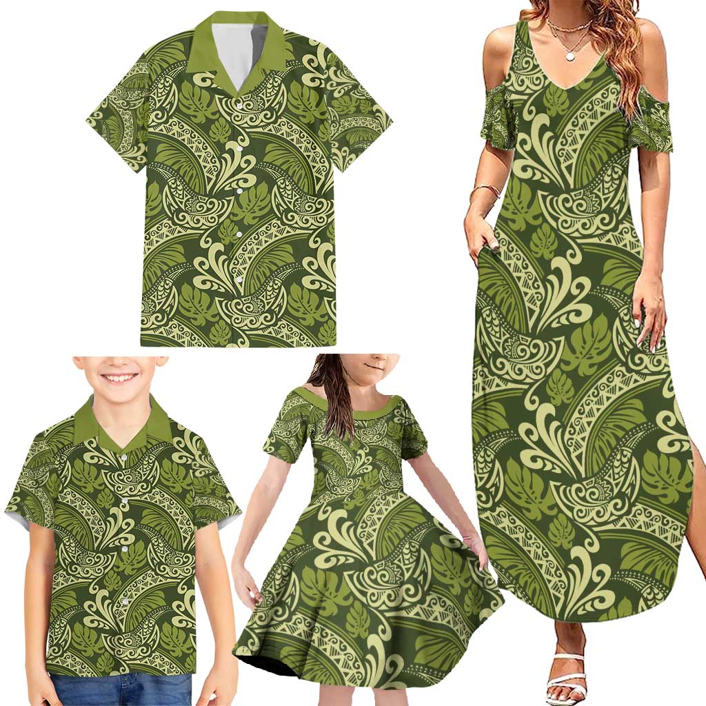 Olive Green Monstera Family Matching Summer Maxi Dress and Hawaiian Shirt Polynesian Tribal Pattern - Polynesian Pride