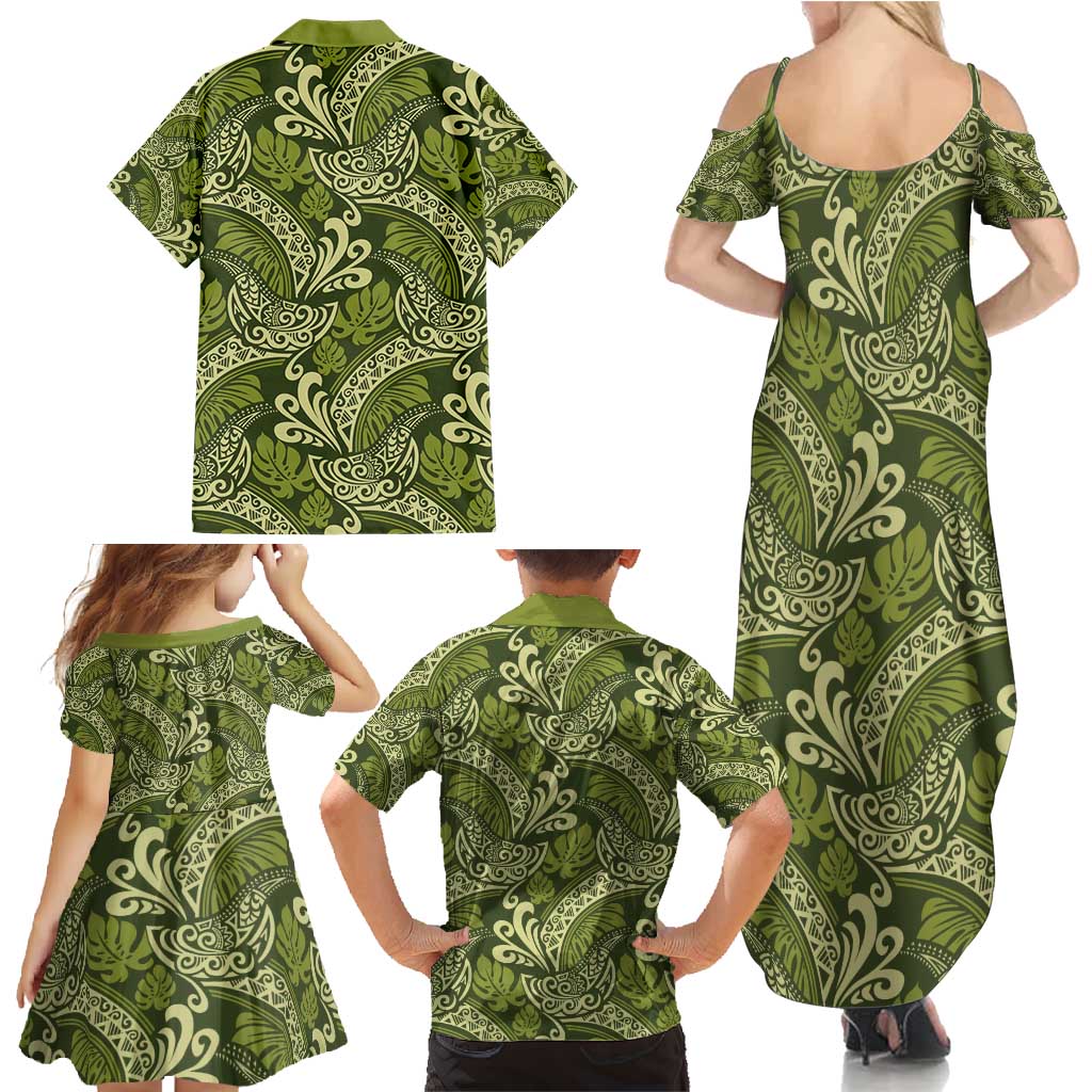 Olive Green Monstera Family Matching Summer Maxi Dress and Hawaiian Shirt Polynesian Tribal Pattern - Polynesian Pride