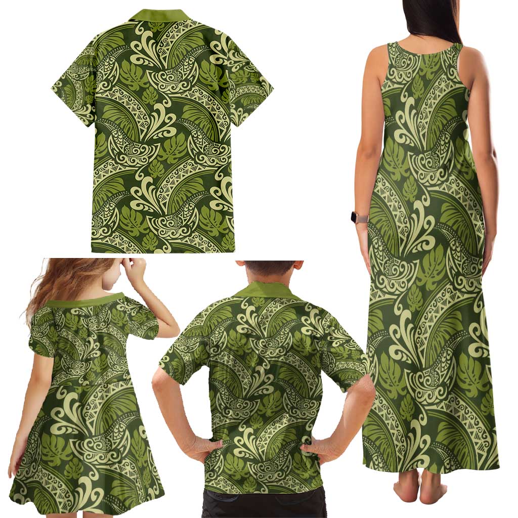 Olive Green Monstera Family Matching Tank Maxi Dress and Hawaiian Shirt Polynesian Tribal Pattern - Polynesian Pride