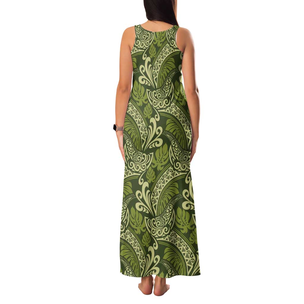 Olive Green Monstera Family Matching Tank Maxi Dress and Hawaiian Shirt Polynesian Tribal Pattern - Polynesian Pride