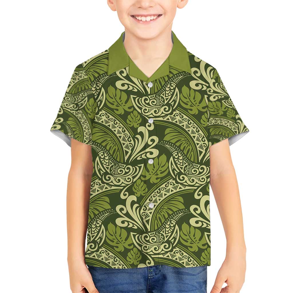 Olive Green Monstera Family Matching Tank Maxi Dress and Hawaiian Shirt Polynesian Tribal Pattern - Polynesian Pride