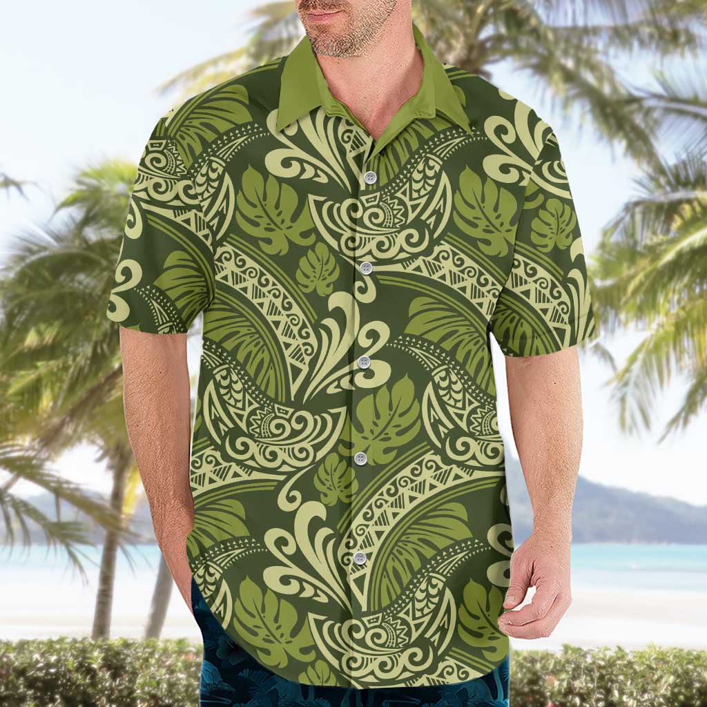 Olive Green Monstera Hawaiian Shirt Polynesian Tribal Pattern - Polynesian Pride